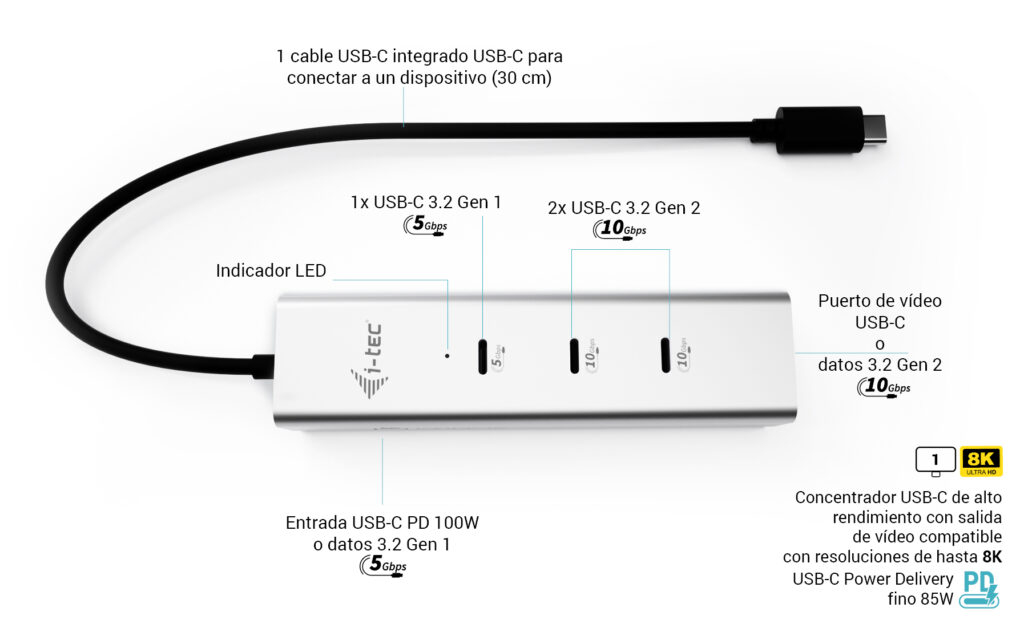I-TEC ELECTRONICS USB-c Charging Metal Hub 5 Port With USB-c Video 8k + Power Delivery 85w