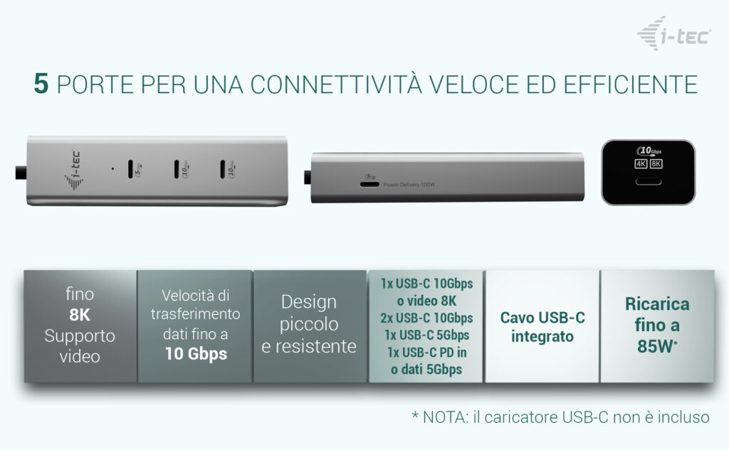 I-TEC ELECTRONICS USB-c Charging Metal Hub 5 Port With USB-c Video 8k + Power Delivery 85w