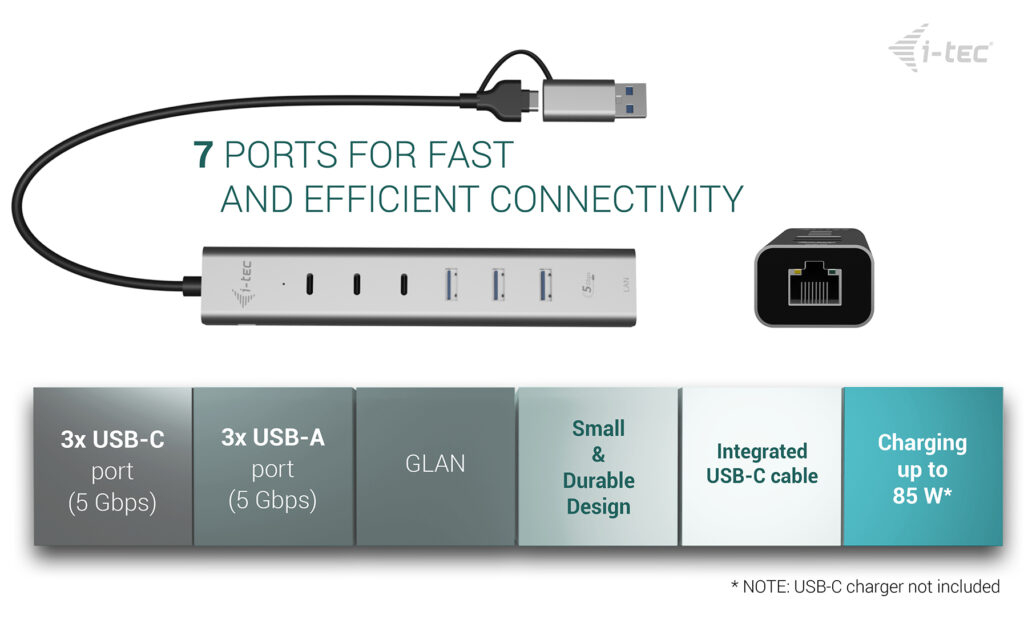 I-TEC ELECTRONICS USB-c/USB-a Metal Hub 6 Port (3x USB-c, 3x USB-a), Lan, Power Delivery 85w