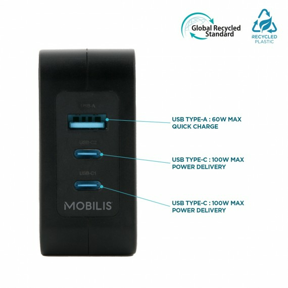 MOBILIS Wall Charger - 100 W - 2 USB C + 1 USB A GaN + cable - 2m - 100W