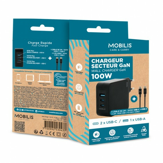 MOBILIS Wall Charger - 100 W - 2 USB C + 1 USB A GaN + cable - 2m - 100W