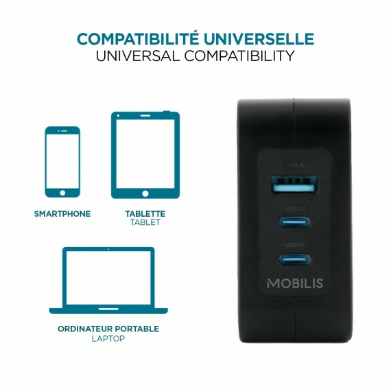 MOBILIS Wall Charger - 100 W - 2 USB C + 1 USB A GaN + cable - 2m - 100W