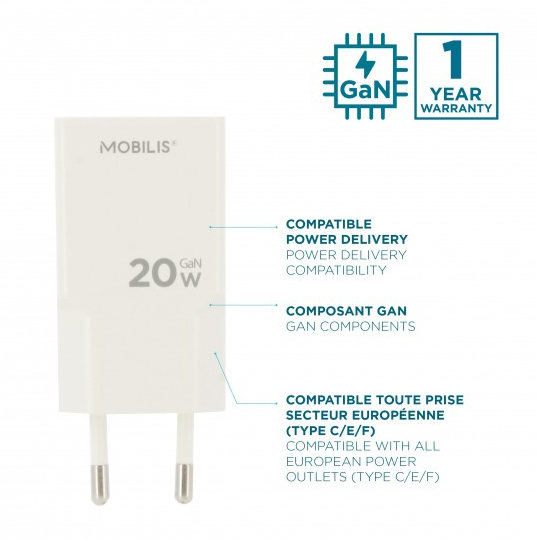 MOBILIS 20W Charger - Ultra Compact - 1 USB-C