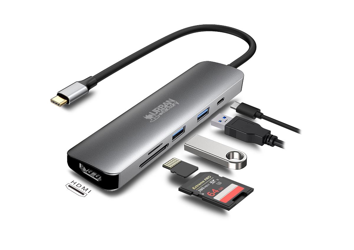 URBAN FACTORY Hubee Hub - 6 In 1 USB-c With 2 USB-a/1 Hdmi 4k/2 Card Readers A