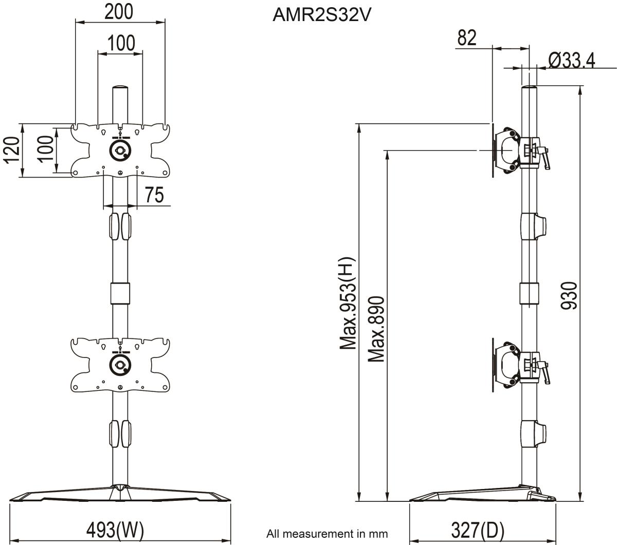 AMER NETWORKS Dual Verticle Mount Stand Max 32in