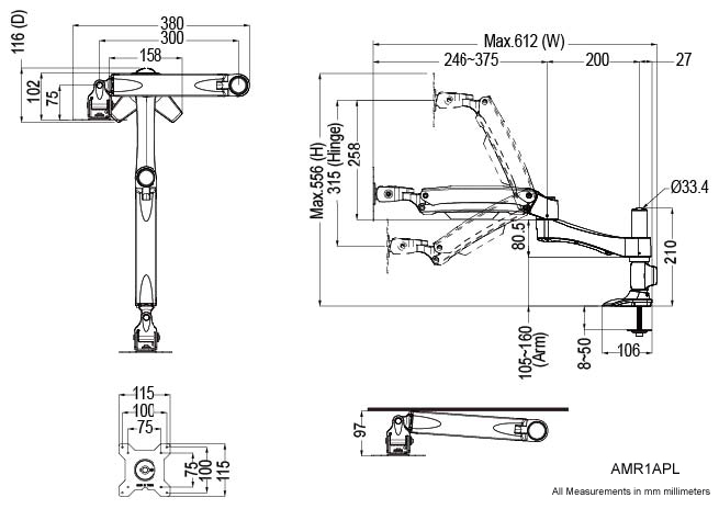 AMER NETWORKS Long Articulating Mntr Arm Grommet