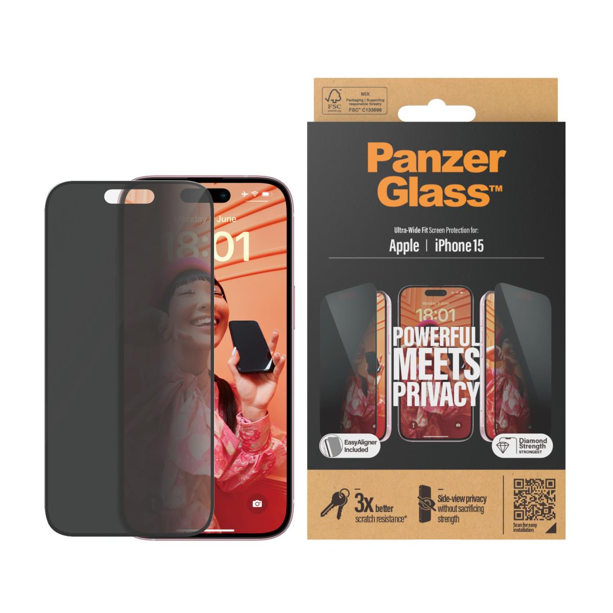 PANZERGLASS Screen Protector Apple iPhone 15 6.1in Ultra-wide Fit Privacy With Aligner