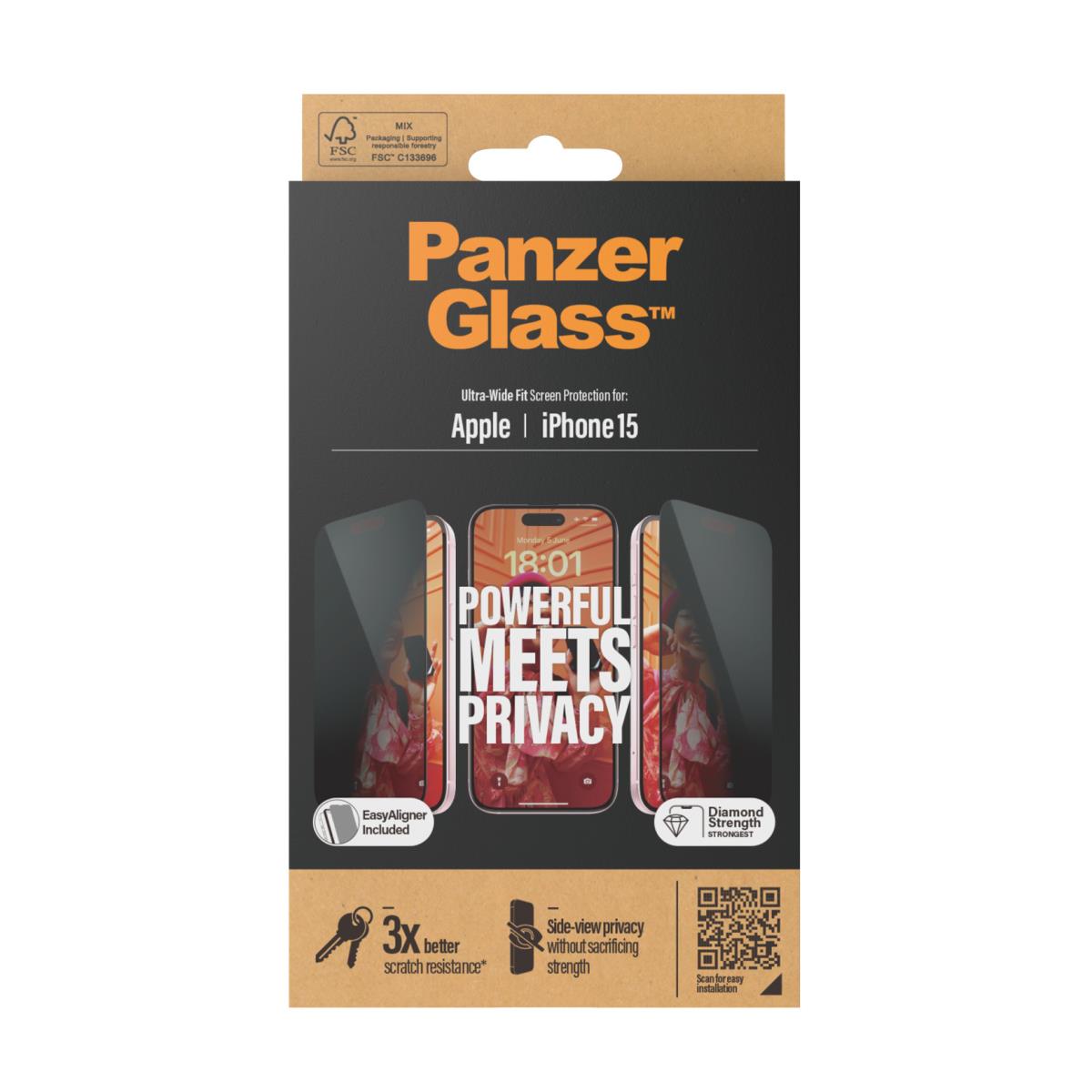PANZERGLASS Screen Protector Apple iPhone 15 6.1in Ultra-wide Fit Privacy With Aligner