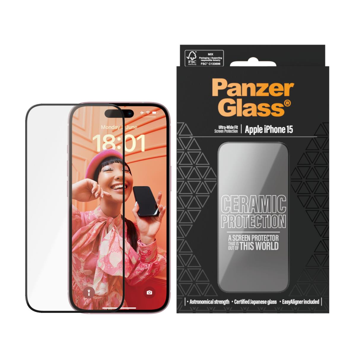 PANZERGLASS Ceramic Screen Protector Ultra-Wide Fit - Clear - for iPhone 15