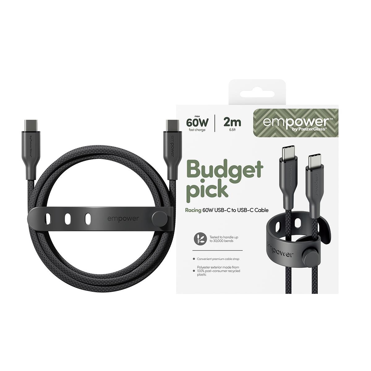PANZERGLASS Data Transfer Cable - Racing USB-C to USB-C Cable 60W USB 2.0 2M Space Black