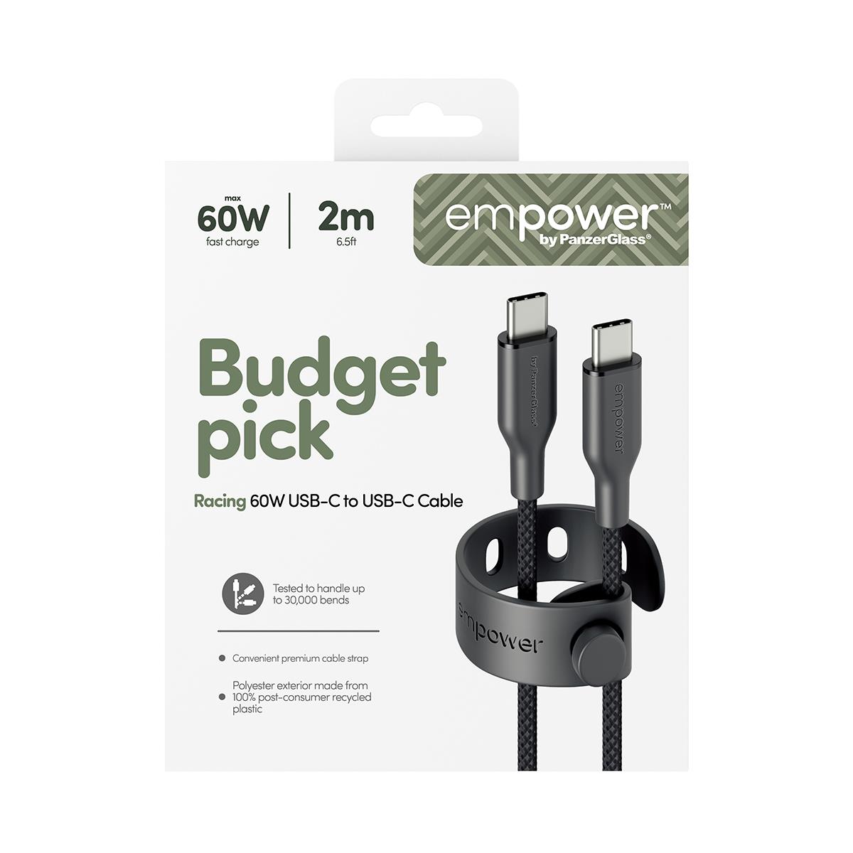 PANZERGLASS Data Transfer Cable - Racing USB-C to USB-C Cable 60W USB 2.0 2M Space Black