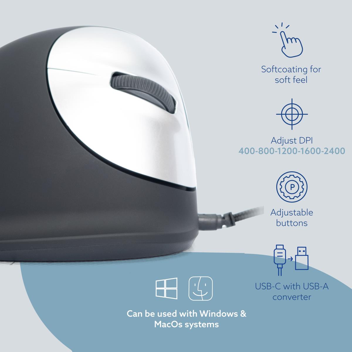 R-GO TOOLS He Rgohe Right-handed Ergonomics Mouse (5-button, 3400dpi, USB) Black-silver