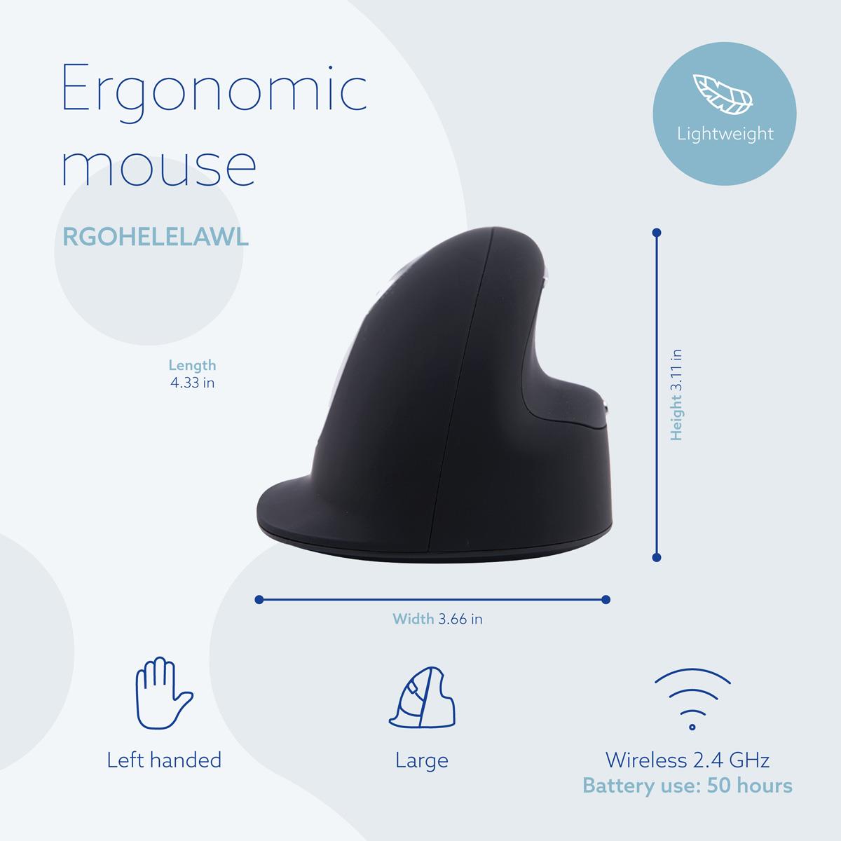 R-GO TOOLS He Ergonomic Mouse - Left Handed - Large - Wireless
