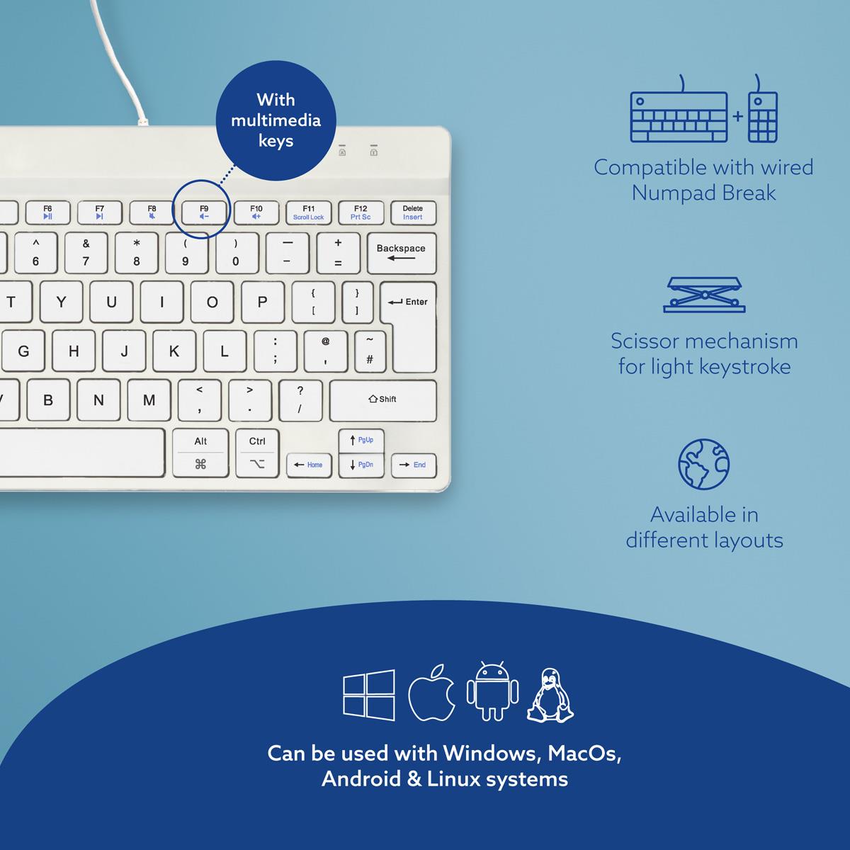 R-GO TOOLS Compact Break ergonomic - Keyboard - Wired - White - Qwerty Uk