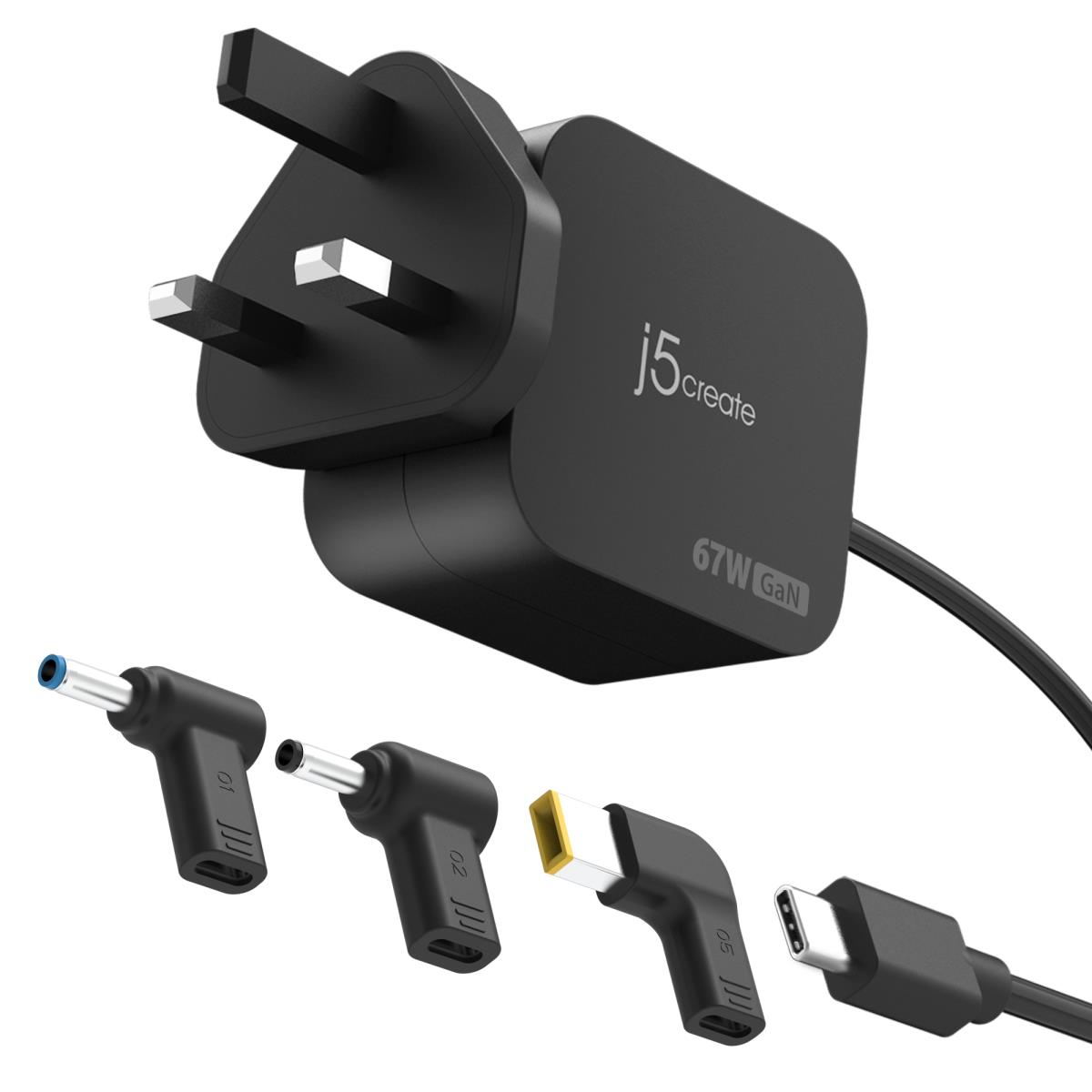 J5CREATE Mini Charger - 67w Gan Pd USB-c With 3 Types Of Dc Connector - Uk