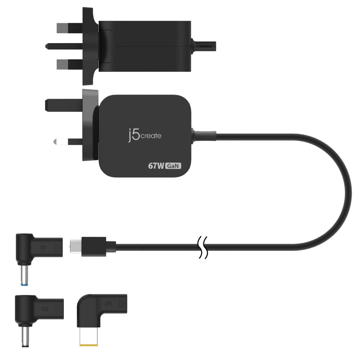 J5CREATE Mini Charger - 67w Gan Pd USB-c With 3 Types Of Dc Connector - Uk