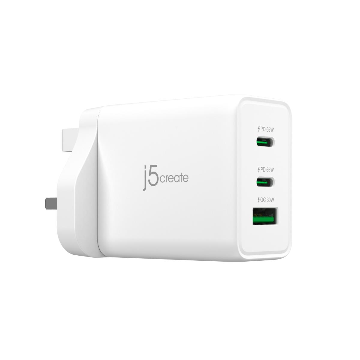J5CREATE 3 Port Charger - 65w Gan - 2x USB-c Female 1x USB Type-a Female - (uk) White