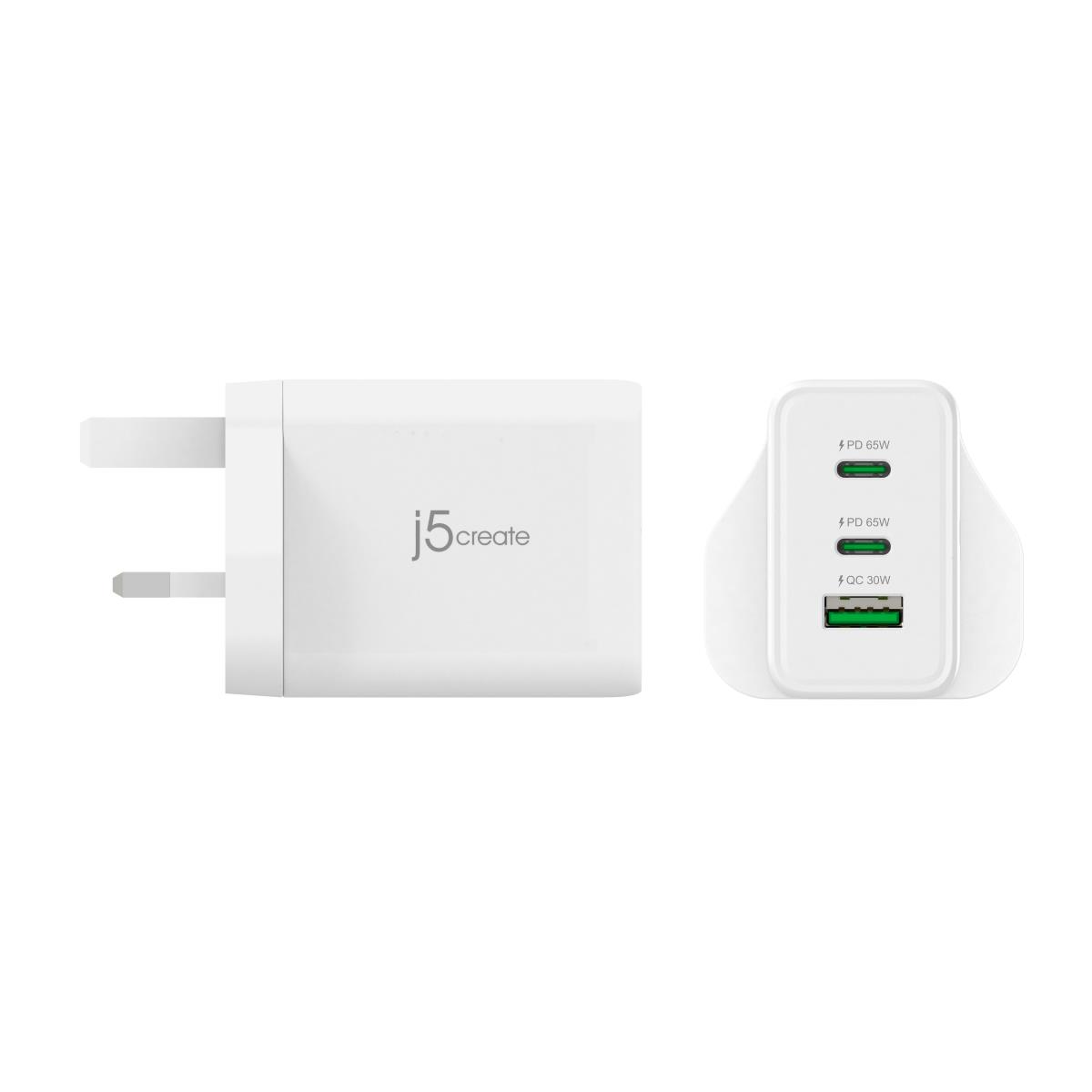 J5CREATE 3 Port Charger - 65w Gan - 2x USB-c Female 1x USB Type-a Female - (uk) White