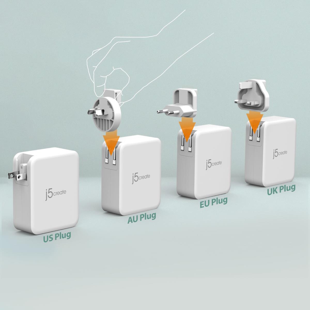 J5CREATE 4 Port Charger - 130w Gan - 3x USB-c Female 1x USB Type-a Female - (uk) White Grey