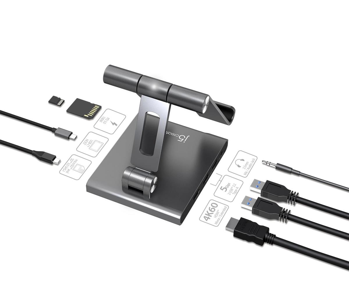 J5CREATE Multi Angle Stand With Docking Station - 1x USB-c 1x Pd (100w Port) 1x Hdmi 2.0 2x USB 1x Sd/microsd 1x 3.5 Mm For iPad Pro - Space Grey