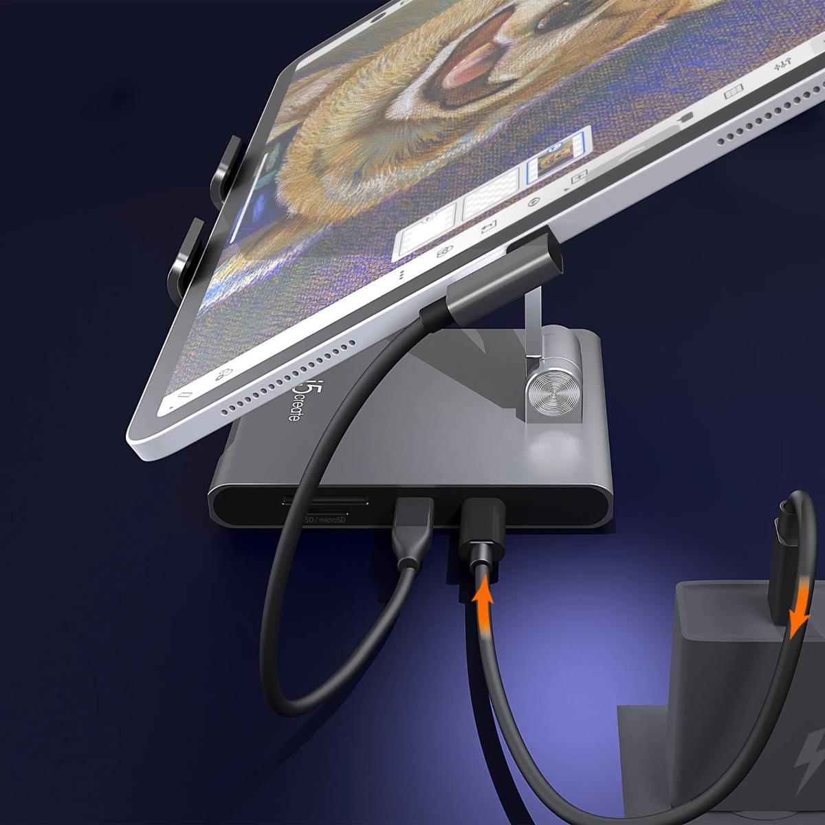 J5CREATE Multi Angle Stand With Docking Station - 1x USB-c 1x Pd (100w Port) 1x Hdmi 2.0 2x USB 1x Sd/microsd 1x 3.5 Mm For iPad Pro - Space Grey