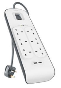 BELKIN 6 Way Surge Protection Strip - 2m With 2 X 2.4amp USB Charging (bsv604af2m)