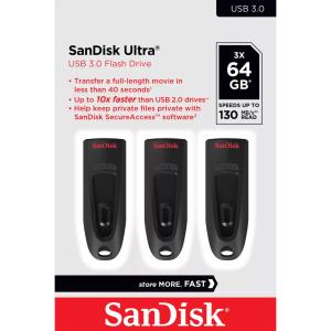 WESTERN DIGITAL Sandisk Cruzer Ultra - 64GB USB Stick - USB 3.0 - Black - 3Pk