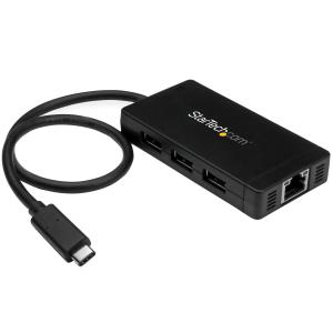 STARTECH.COM Hub Plus 3-port USB 3.0 Gigabit Ethernet - USB-C - Includes Power Adapter Black