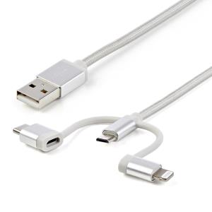 STARTECH.COM Braided Multi-charger Cable - USB-a To Lightning/ USB-c/micro-b - Silver Grey - 1m
