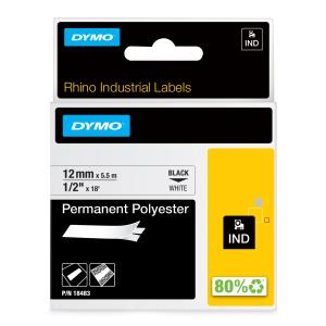 DYMO Tape - Black On White - 12mm X 5.5m - Permanent Polyester