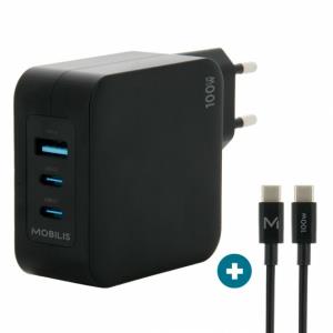 MOBILIS Wall Charger - 100 W - 2 USB C + 1 USB A GaN + cable - 2m - 100W